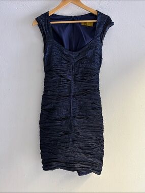 Nicole Miller Navy Ruched Scoop Neck Mini Dress